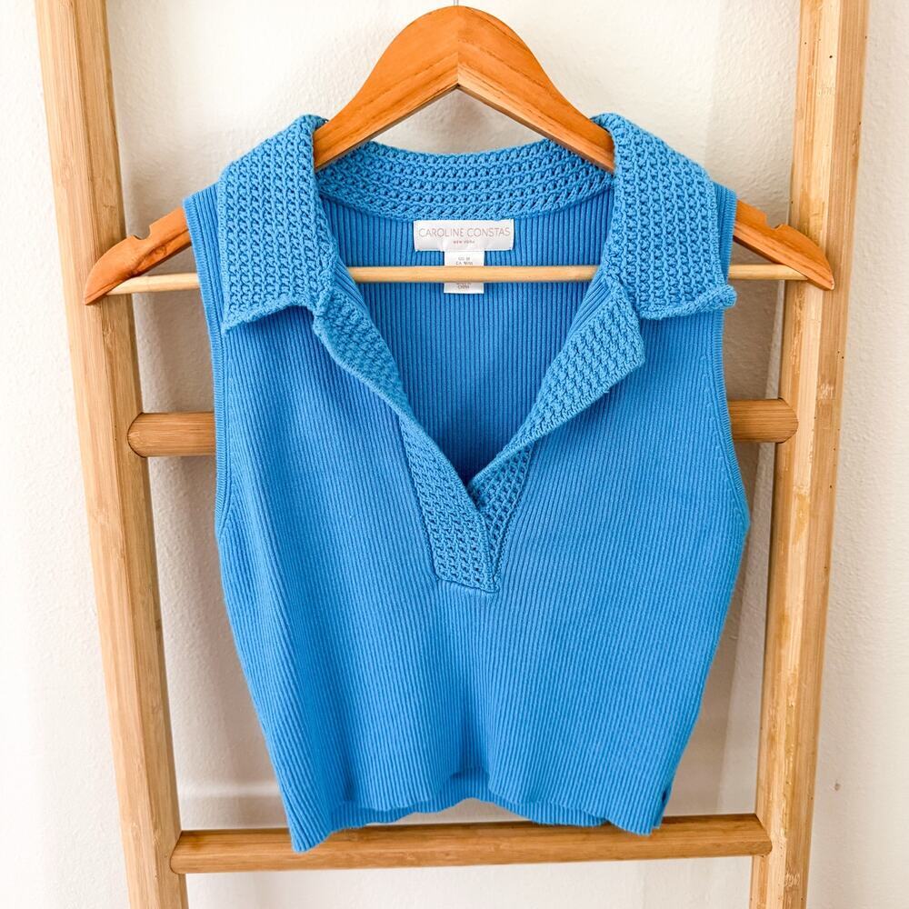 Caroline Constas Blue Rib Knit Sleeveless Collared Polo Sweater Top Medium
